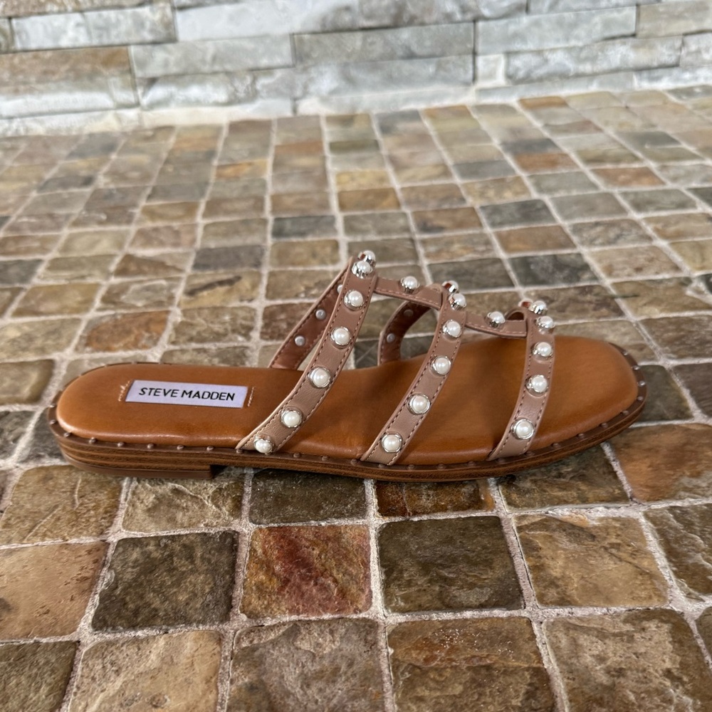 Steve Madden Tan Pearl-Studded Sandals - Picture 2 of 10